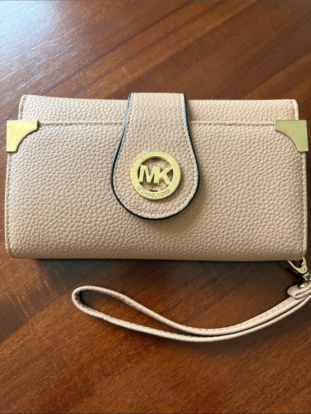 Michael Kors Pebbled Leather Wristlet Wallet in Light Beige with Gold Hardware